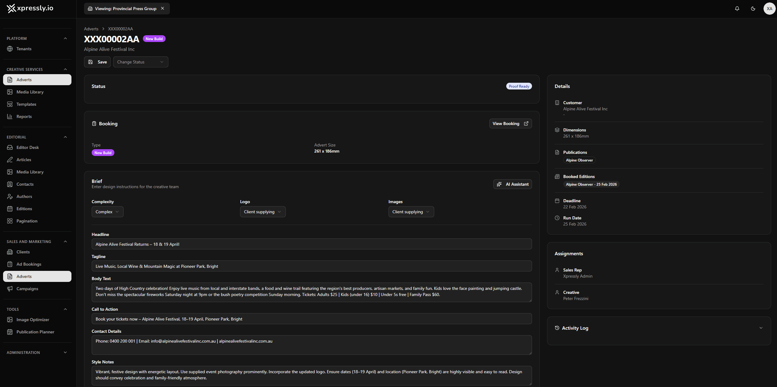 Advert detail with proof and brief