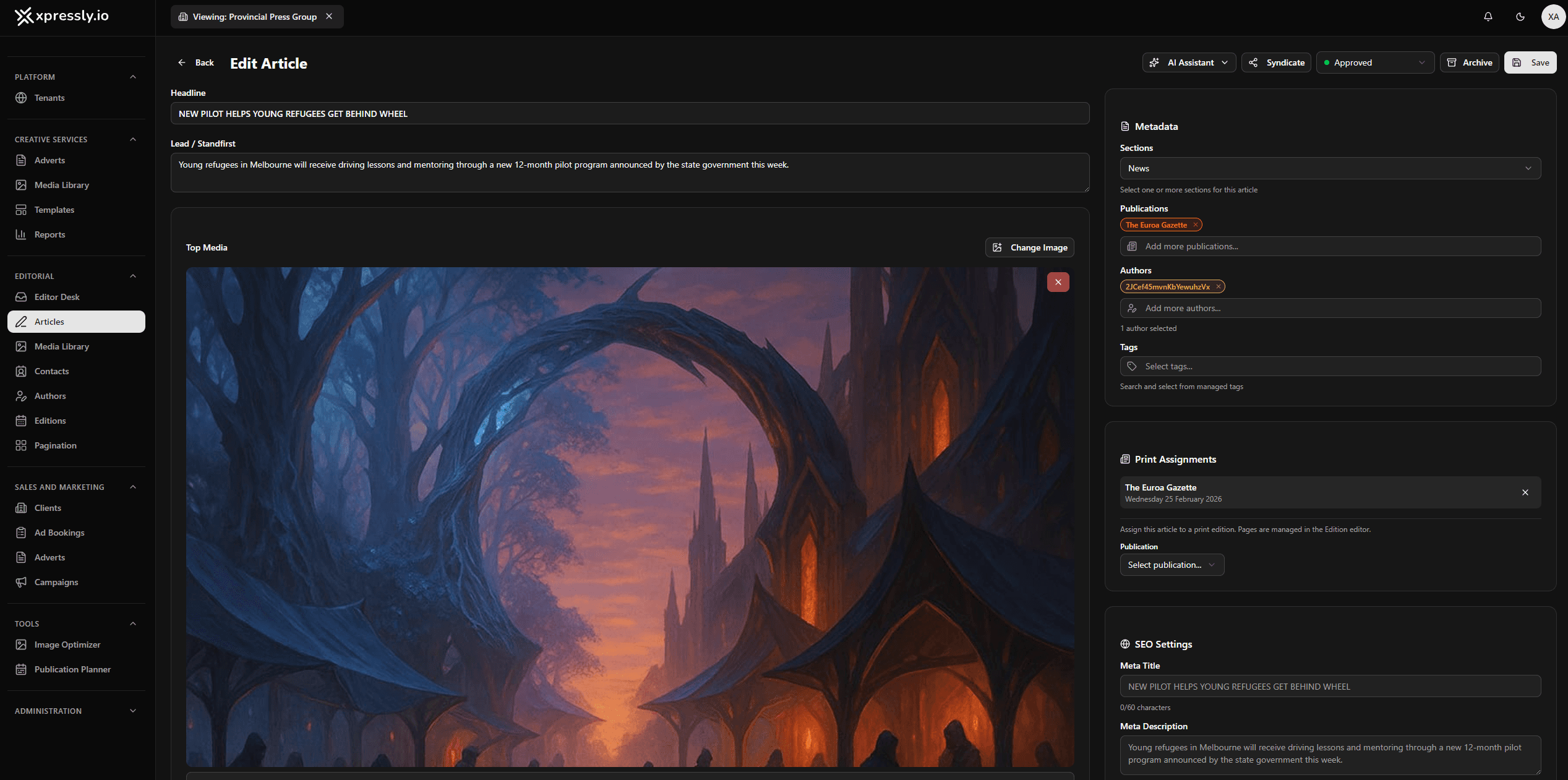 Article editor with metadata and print assignments