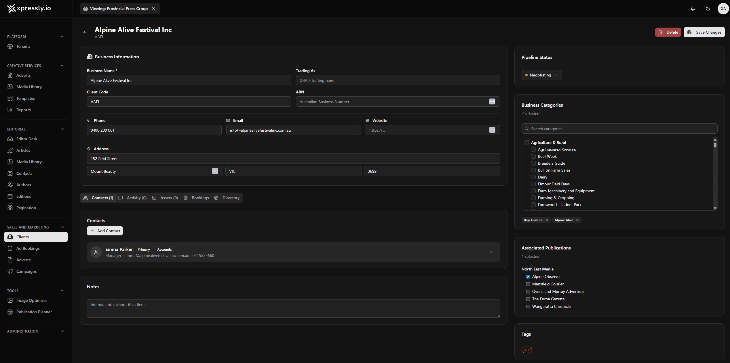Client profile with contacts and categories