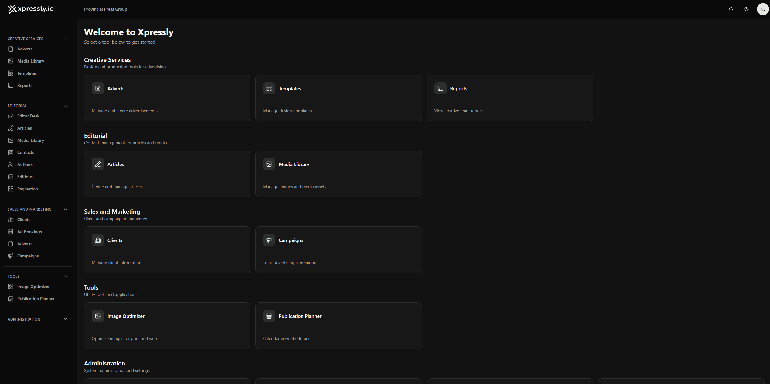 Dashboard — quick access to all modules
