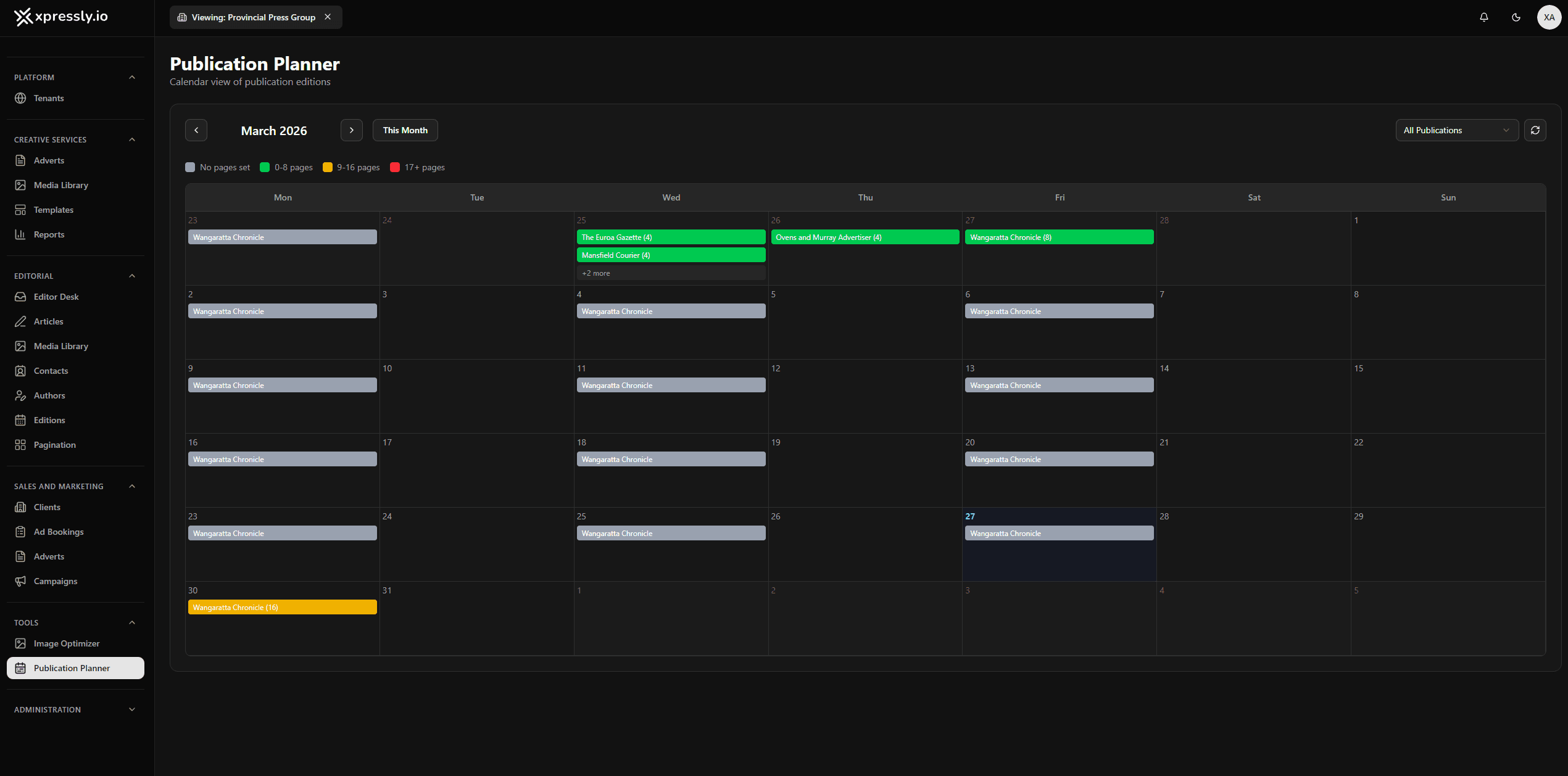 Publication planner calendar view